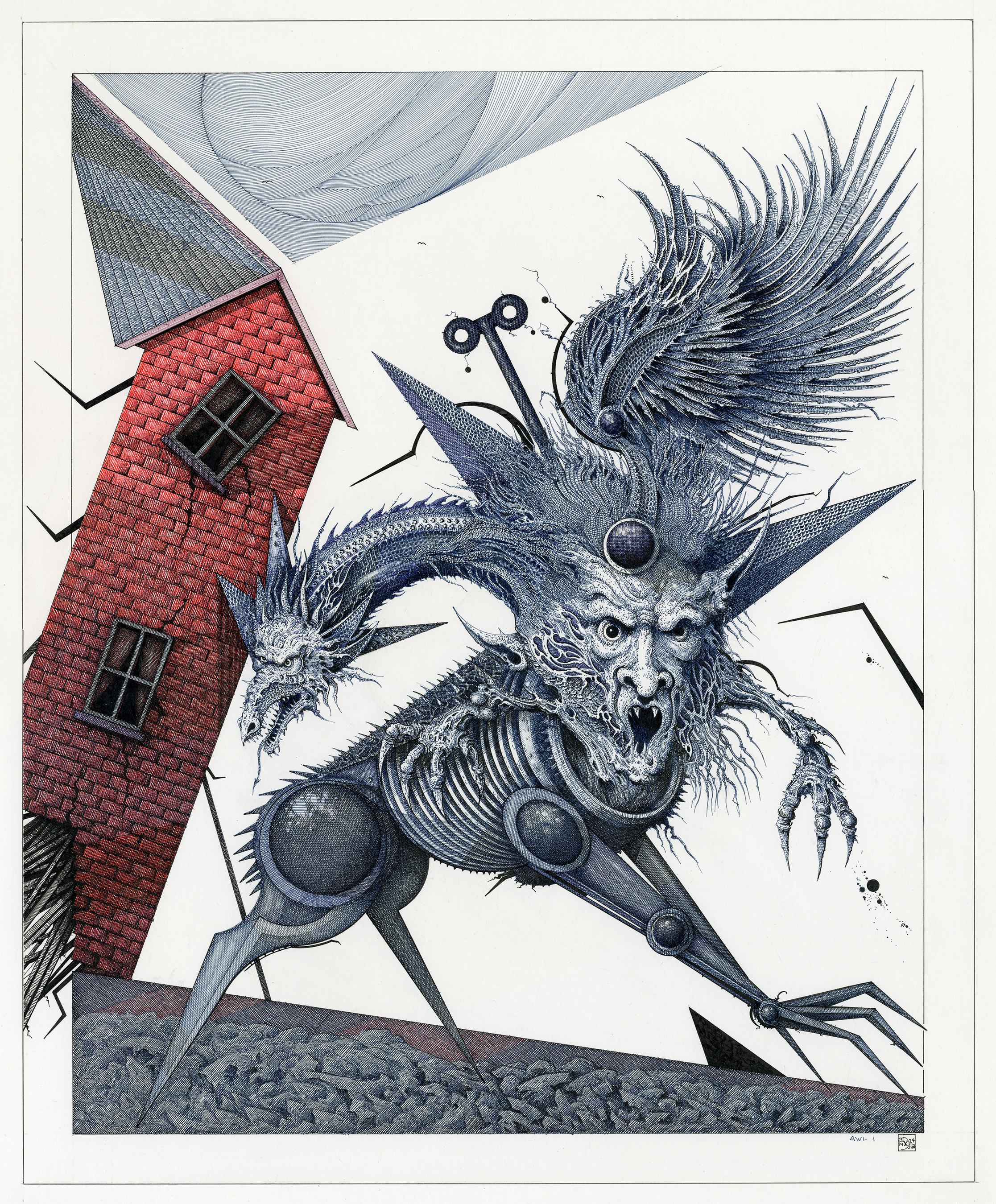 Awl 1 by Ian Miller: a dragon's head on a long neck growing from a devilish dog with mechanical legs, a red brick house behind.