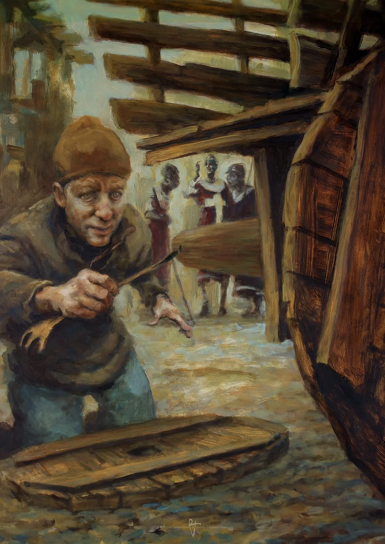 Common Sense by Drew Tucker: a man in a knit cap kneels by a broken cart wheel, holding a spork