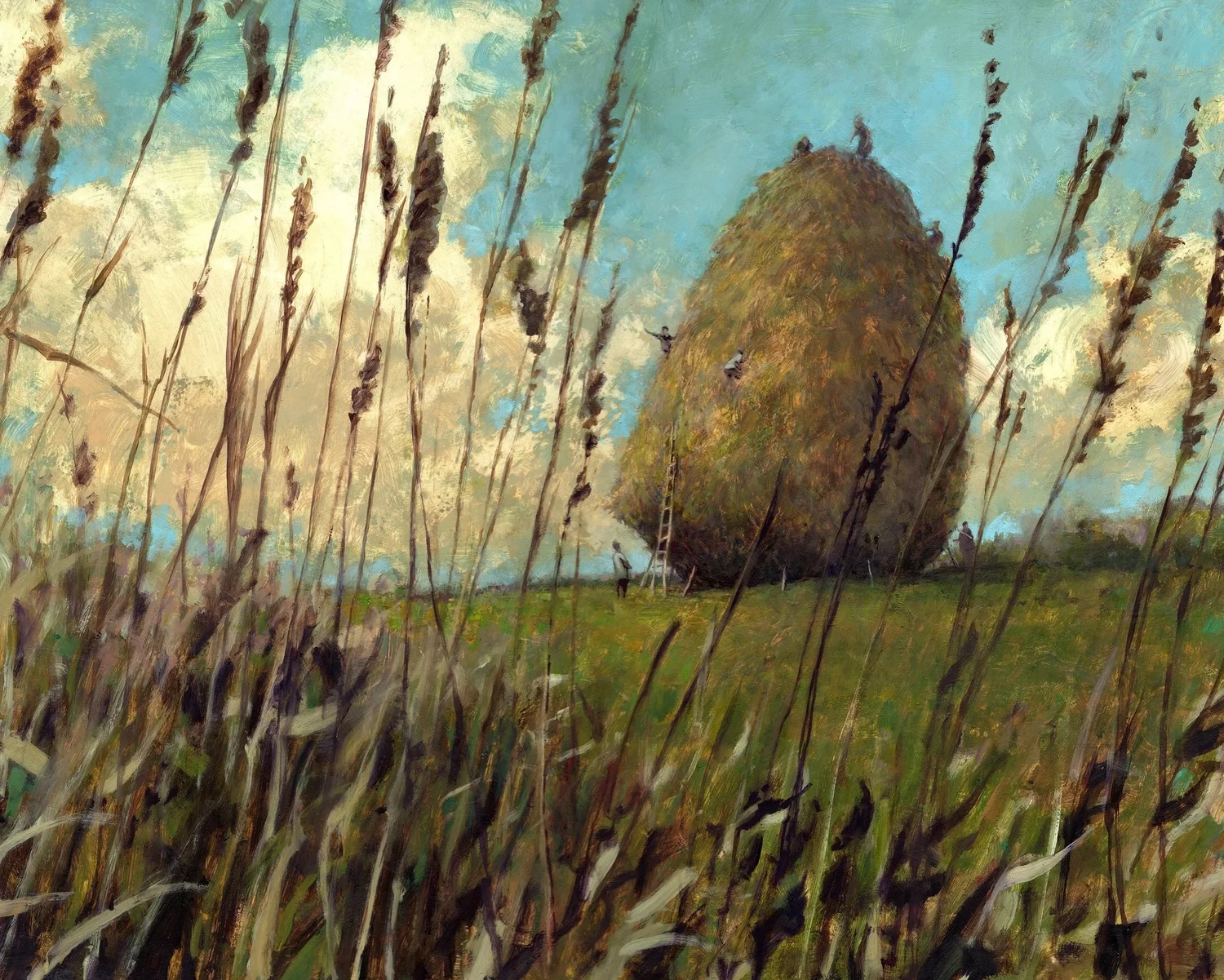 The finished painting: a huge haystack in a green field under a blue sky, with figures on a ladder and on top, seen through tall grass.