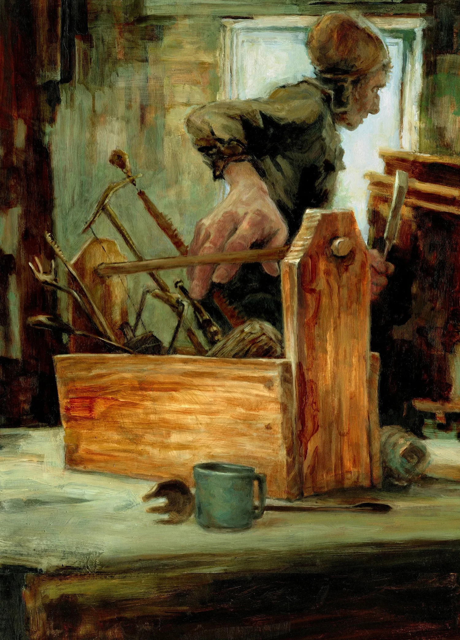 Toolbox by Drew Tucker: a craftsman reaches into an open wooden toolbox in a workshop