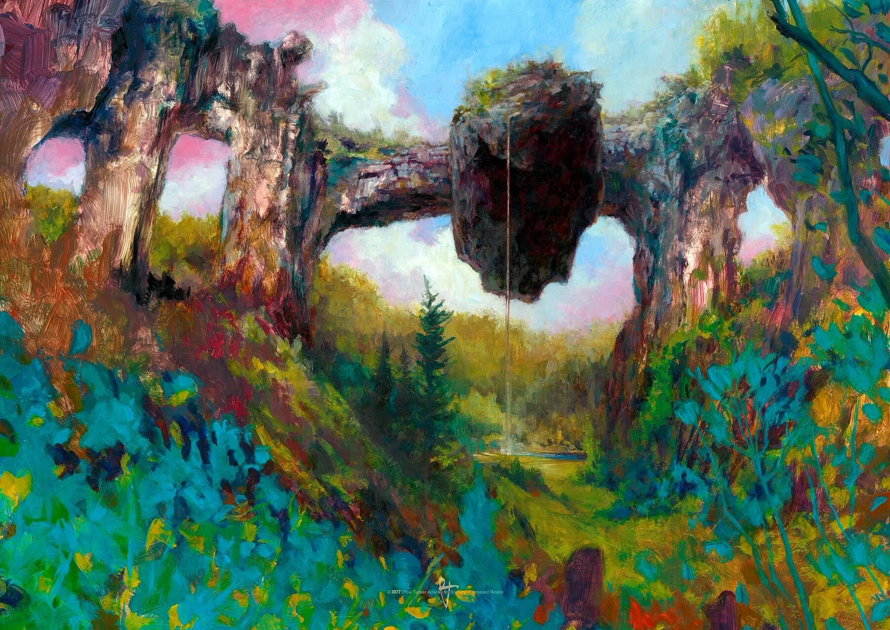 Primordial Spring by Drew Tucker: an ancient stone archway bridging two cliffs, a moss-covered boulder suspended at its centre