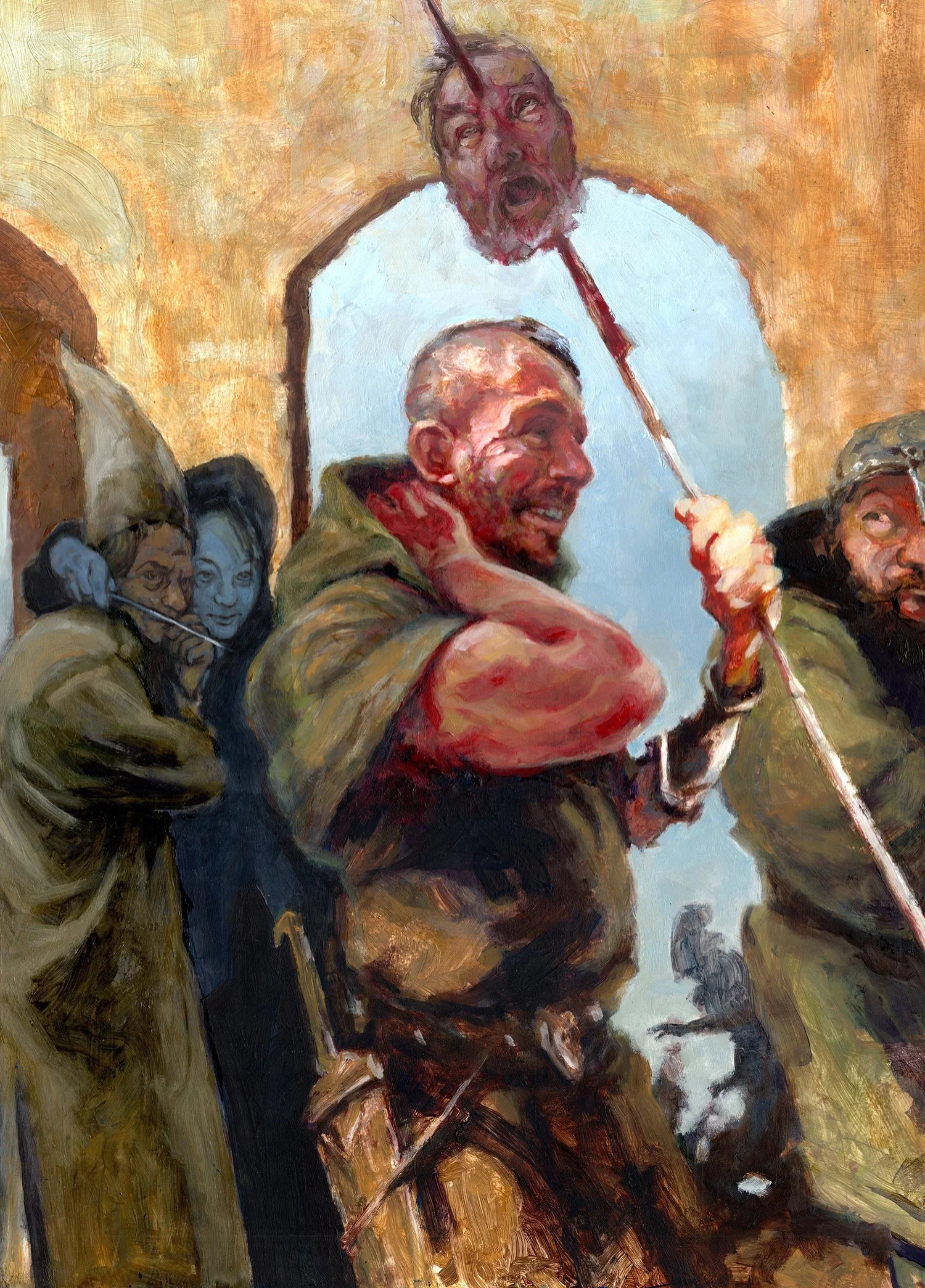 Bitten by Drew Tucker: a grinning traveler in a green cloak swats at his bloodied neck while holding a severed head aloft on a pike, under a stone archway.