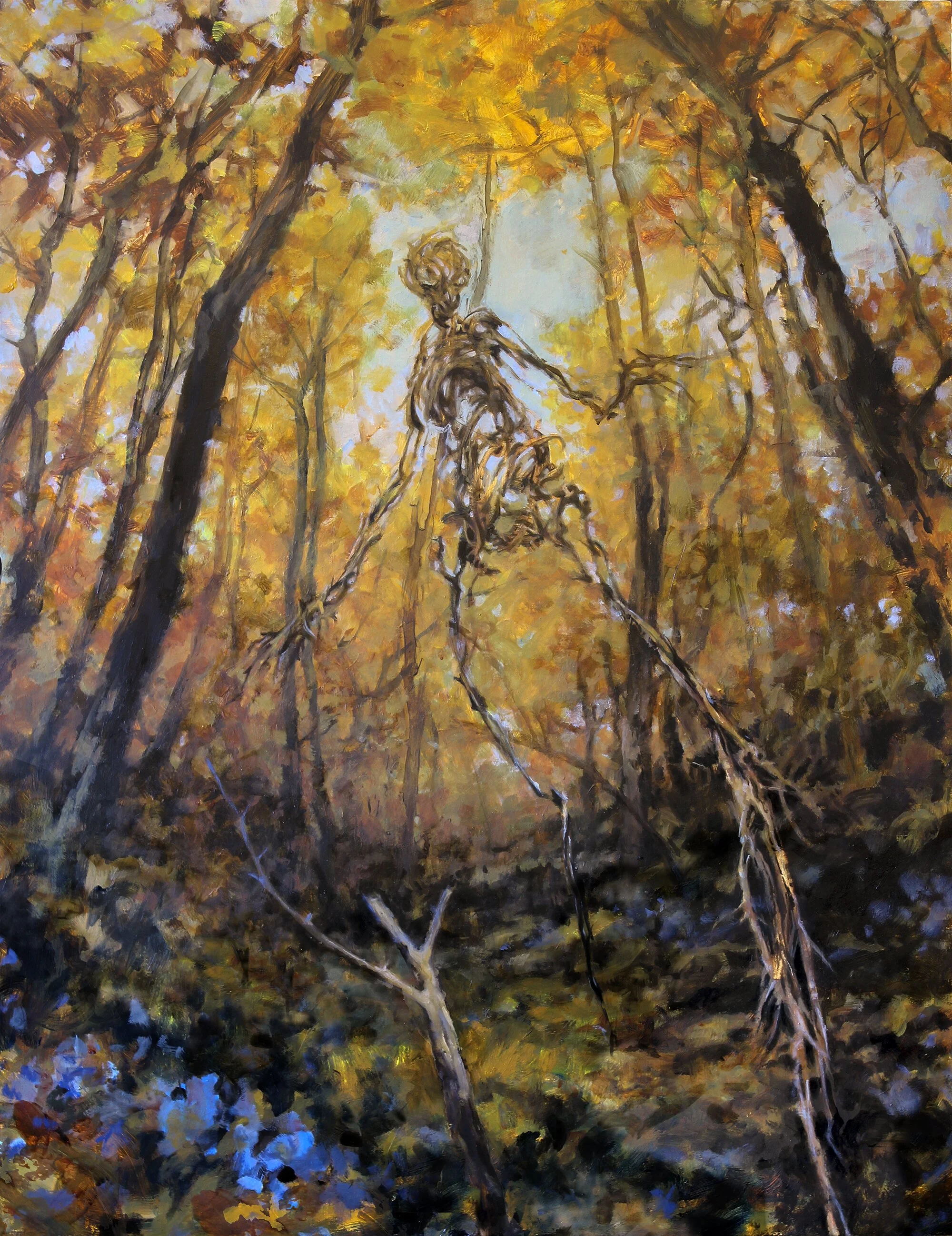 Wicker Manikin by Drew Tucker: a towering figure woven from twigs striding through autumn woods