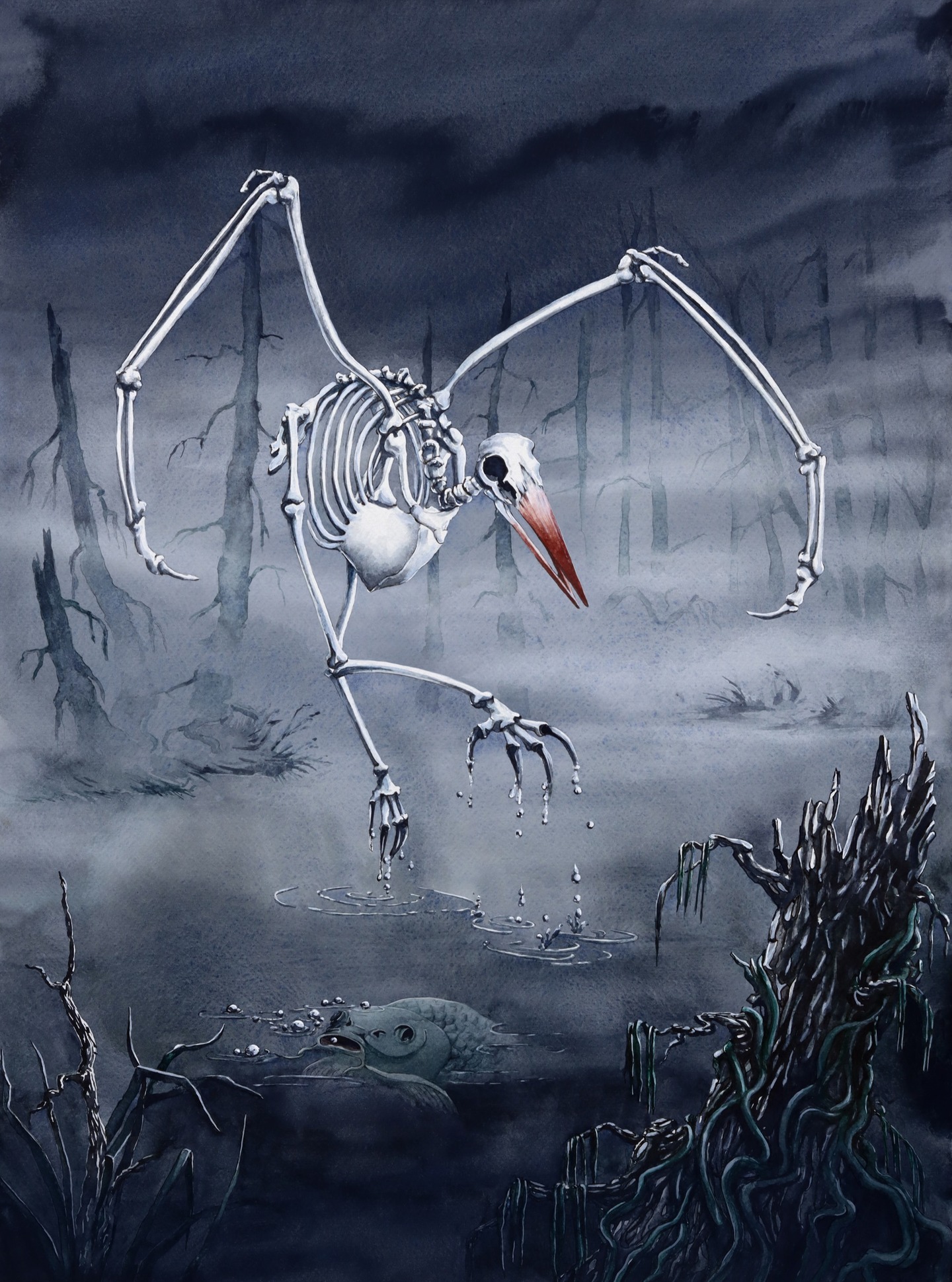 Fowl Bones by Elwira Pawlikowska: a skeletal bird hunting over a misty swamp