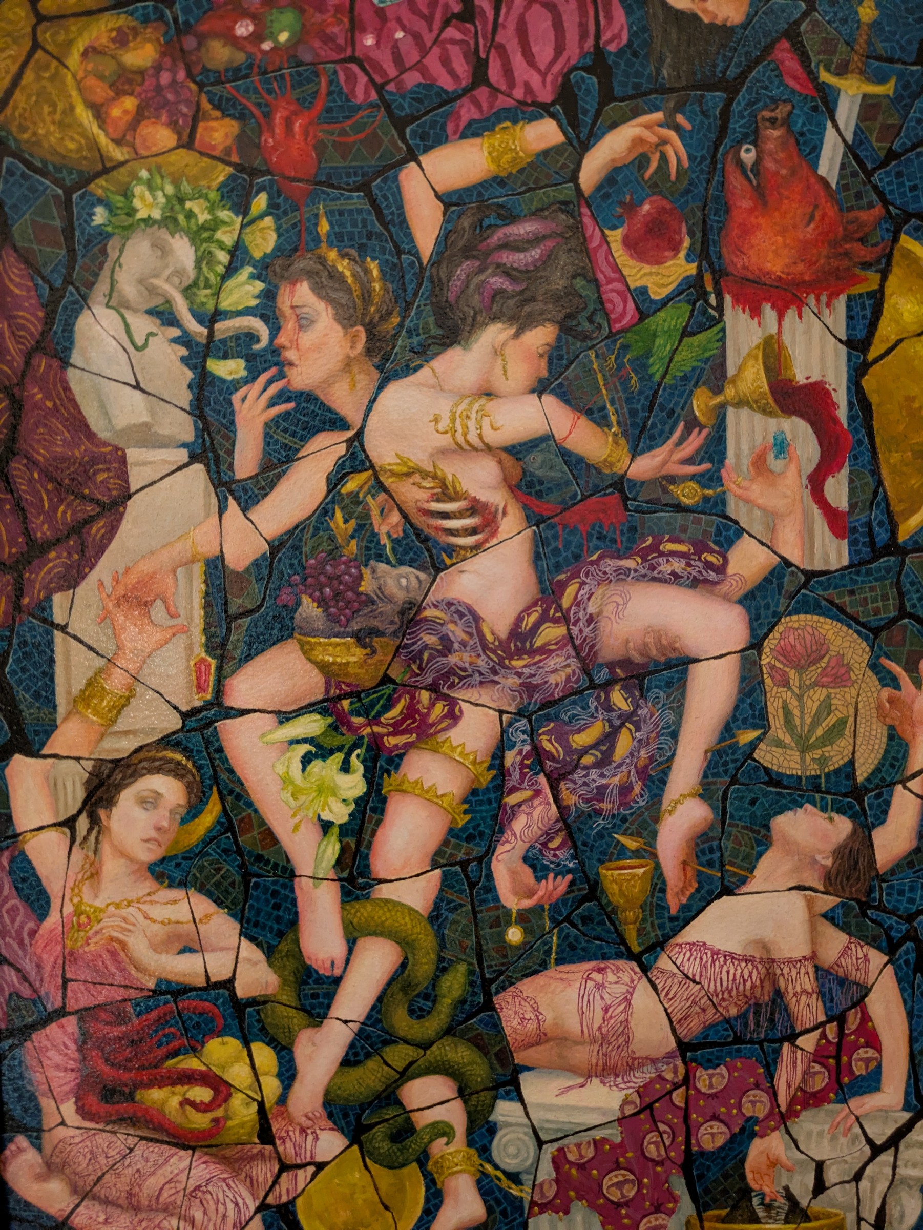 Chaoswish by Elvira Shakirova: a cracked mosaic of dancing women on a deep blue ground, hiding a spilled chalice, a pig's severed head, a bleeding heart, a serpent, flowers and tentacles.
