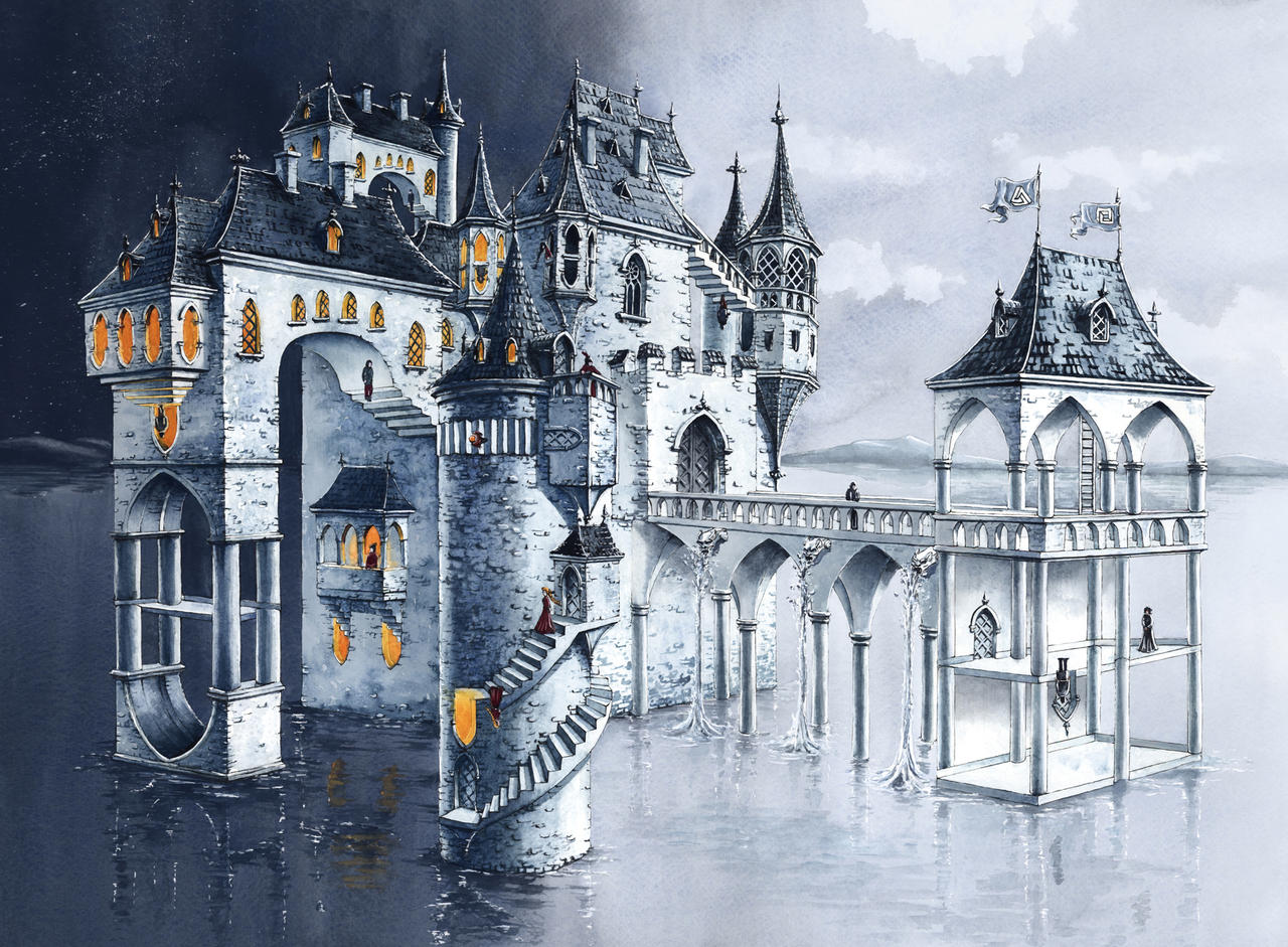 Escher's Cursed Castle by Elwira Pawlikowska: an impossible castle of stairways rising from still water