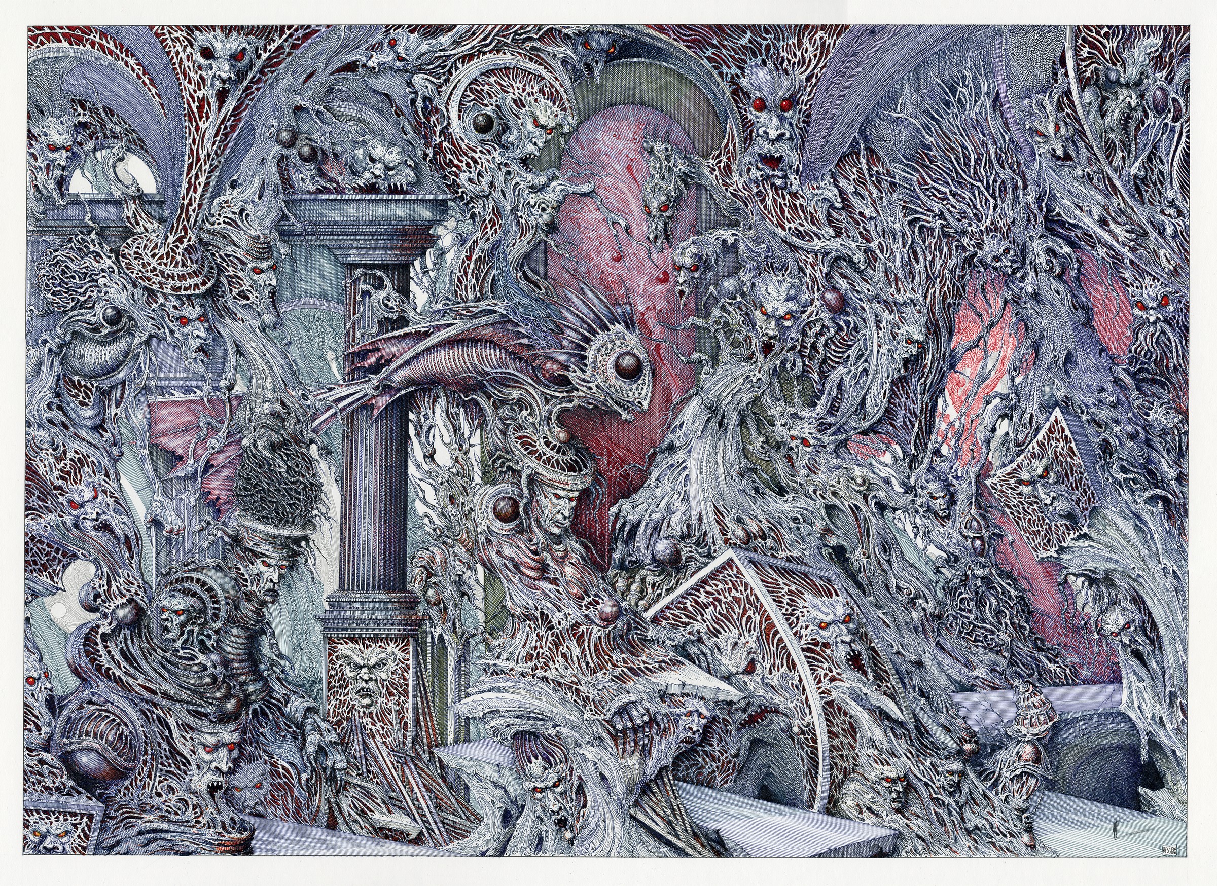 Hall of Voices by Ian Miller: a vast ghostly hall crowded with faces, a lone human figure among them